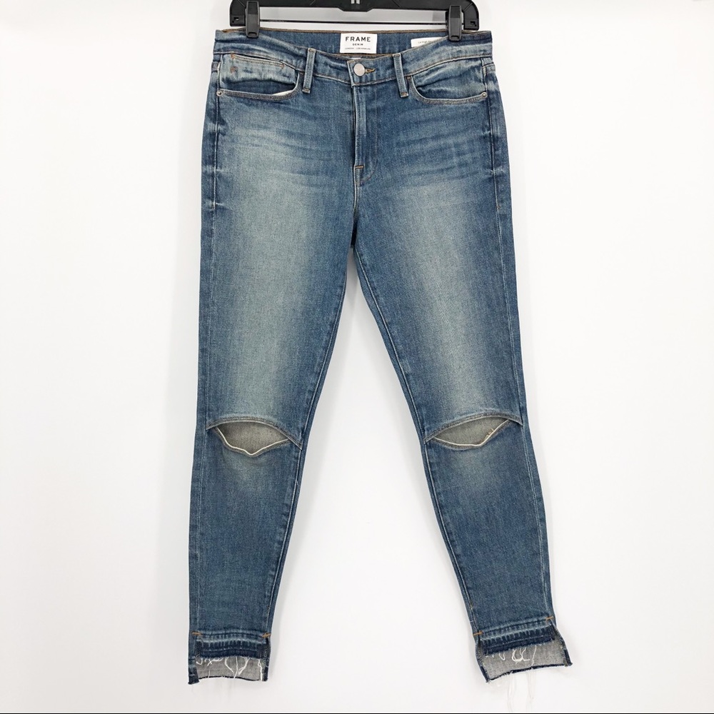 Frame Le High Skinny Raw Hem Open Knee Blue Jeans